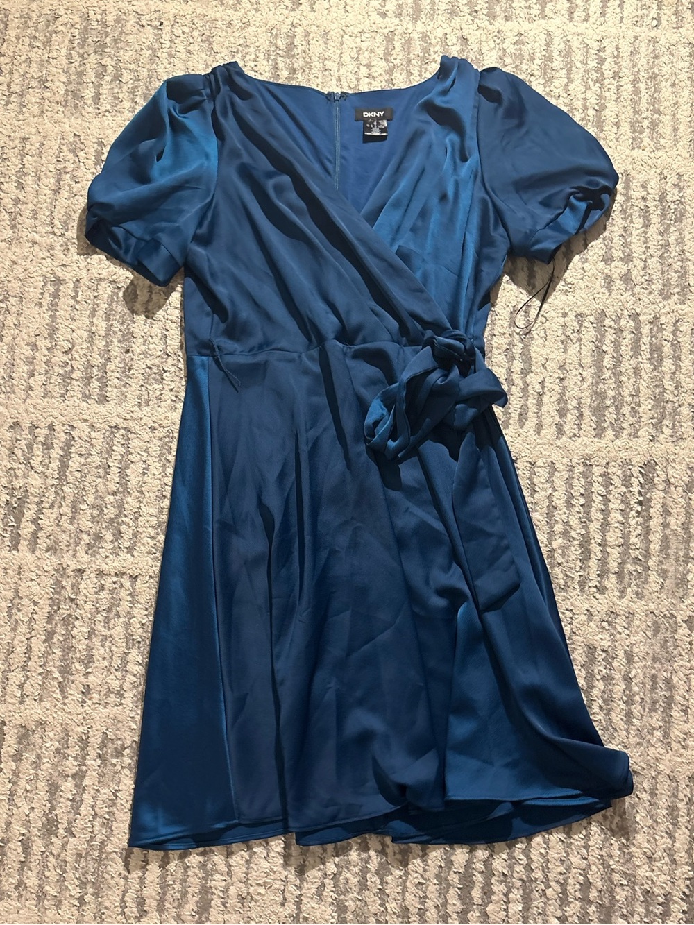 DKNY blue satin elegant wrap tie waist dress size 14